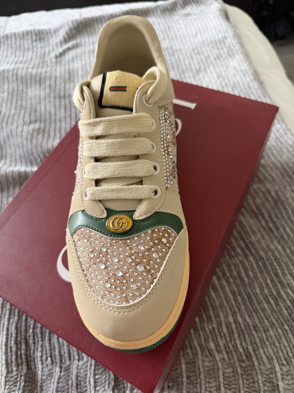 Gucci Beige Crystal-Embellished Sneaker with Green Trim